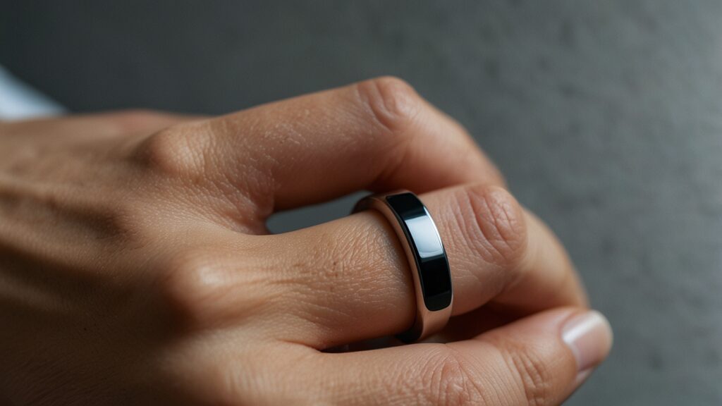 A close-up of a sleek smart ring on a person's finger, displaying health data like heart rate and glucose levels on a connected smartphone app.