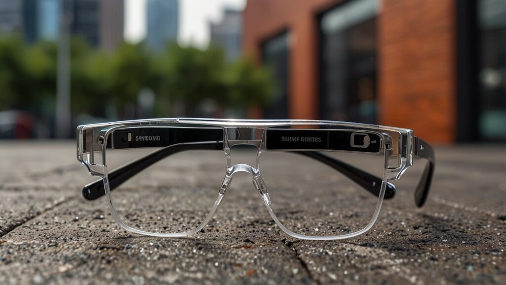 A sleek pair of Samsung Galaxy Glasses in Silver, displaying an AR navigation overlay on its transparent lenses, set against a vibrant urban background.