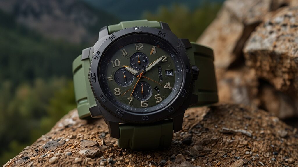 A rugged Gard Pro Ultra 3 smartwatch in Army Green displayed on a rocky outdoor terrain, showcasing its vibrant AMOLED screen with fitness tracking data.