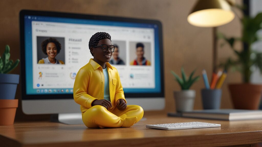A vibrant 3D figurine generated by Google Gemini Nano Banana AI, showing a realistic miniature toy version of a person in glossy plastic style on a desktop with modeling preview screen, perfect for the 2025 social media trend.