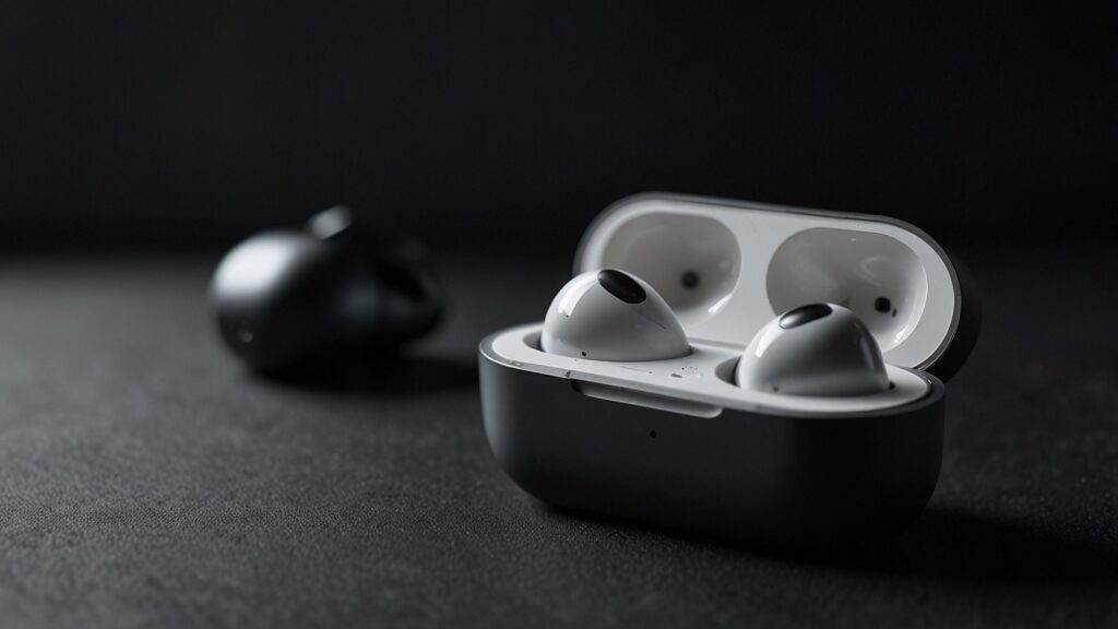 Apple AirPods Pro 3 Redefine Audio with AI-Powered Adaptive Sound and Health Tracking A pair of sleek Apple AirPods Pro 3 earbuds in Midnight Graphite finish, displayed against a vibrant digital background showcasing adaptive audio waves, launched on September 22, 2025.