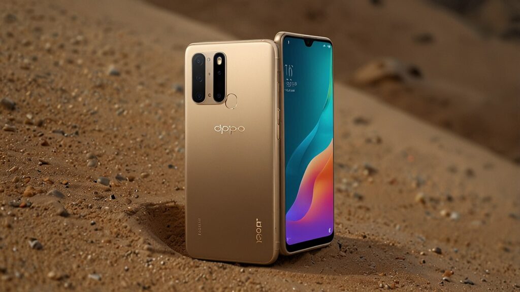 Sleek Oppo F31 Pro 5G in Desert Gold, showcasing its 7,000mAh battery, 6.57-inch AMOLED display, and AI camera features, launched in India on September 15, 2025, with IP69 durability.