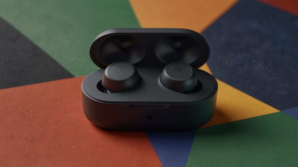 Close-up of the Google Pixel Buds 2A in Carbon Black, displayed alongside their compact charging case, set against a vibrant virtual keynote backdrop with Google's logo.