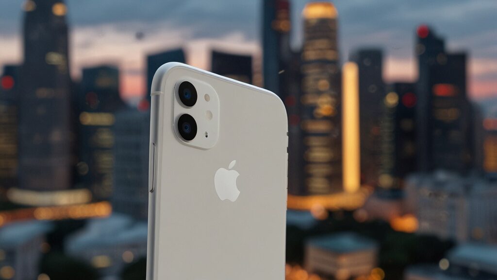 Apple’s iPhone Air: The Ultra-Thin Revolution That Could Redefine Smartphone Design Close-up of the sleek, ultra-thin iPhone Air in Cloud White, showcasing its minimalist titanium frame and single 48MP camera, displayed against a vibrant Singapore skyline backdrop.