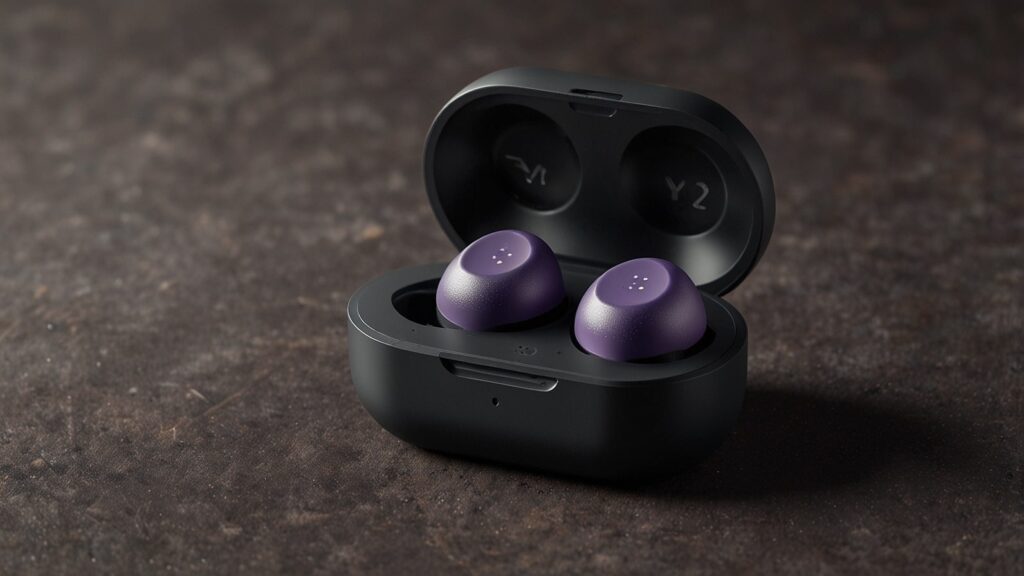 Compact black and purple Google Pixel Buds 2A wireless earbuds in charging case, featuring active noise cancellation for budget audio enthusiasts.
